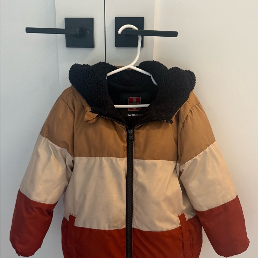 Swiss Tech Kids Colorblock Puffer Jacket - Tan, Cream, Red